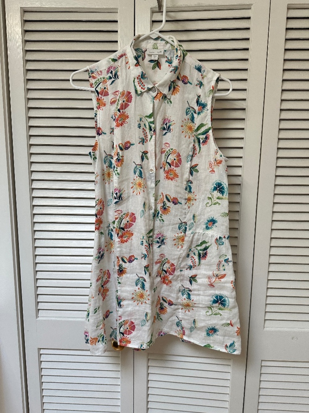 J. Jill 100% Linen Sleeveless Top White Colorful Floral Buttons Small Tall